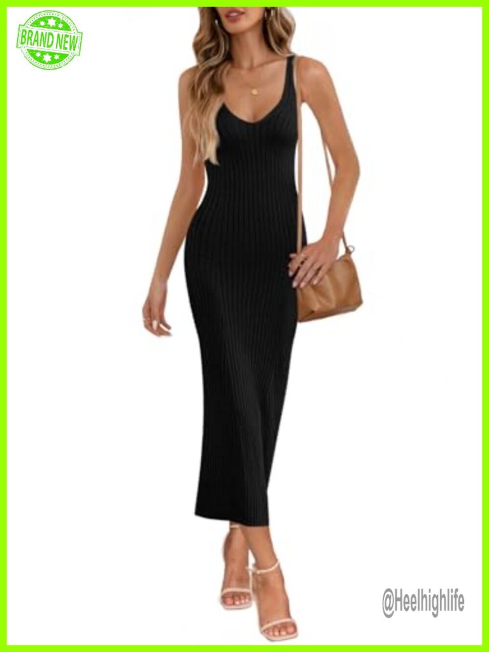 Womens Sleeveless Ribbed Knit Midi Bodycon Dress Deep V Neck Stretchy